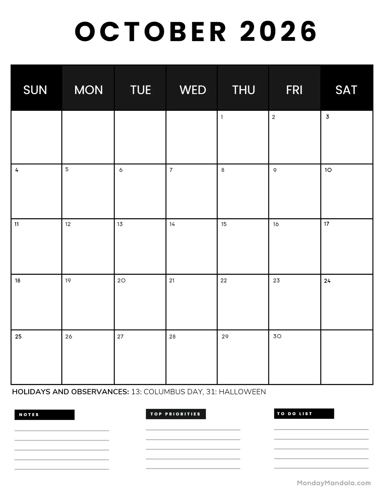 October 2026 Calendars 52 Free PDF Printables October 2026 Calendars 52 Free PDF Printables