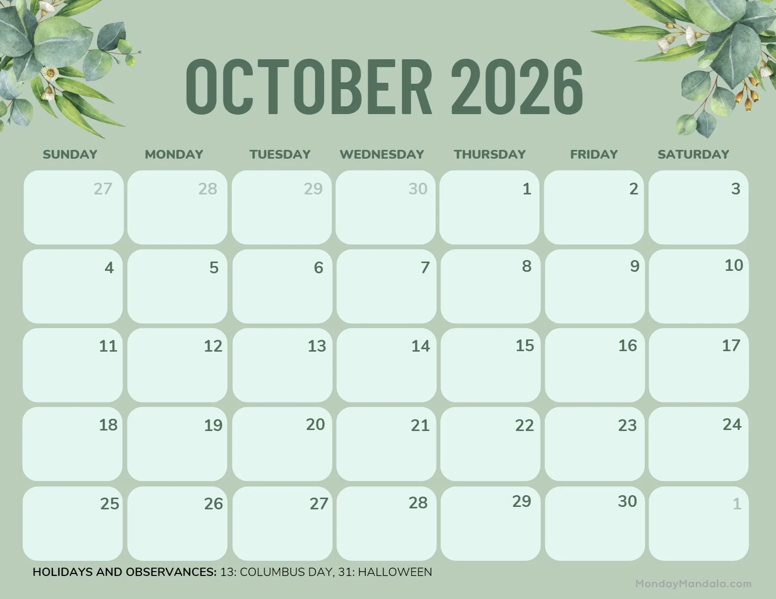 October 2026 Calendars 52 Free PDF Printables 