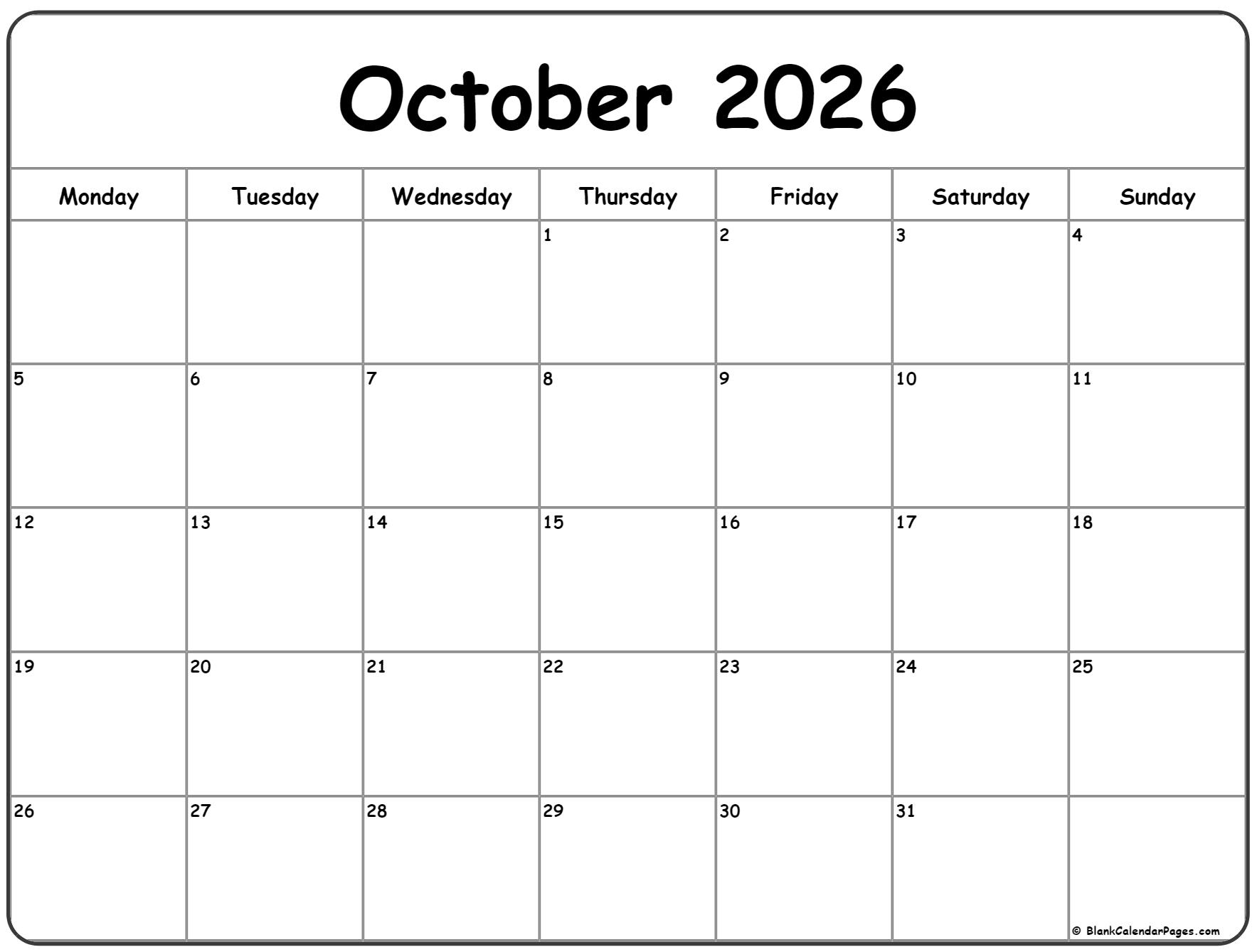 October 2026 Monday Calendar Monday To Sunday October 2026 Monday Calendar Monday To Sunday