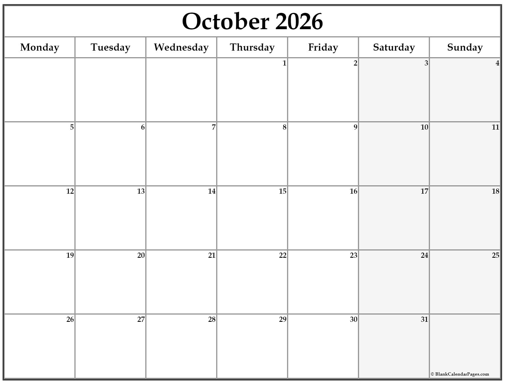 October 2026 Monday Calendar Monday To Sunday October 2026 Monday Calendar Monday To Sunday