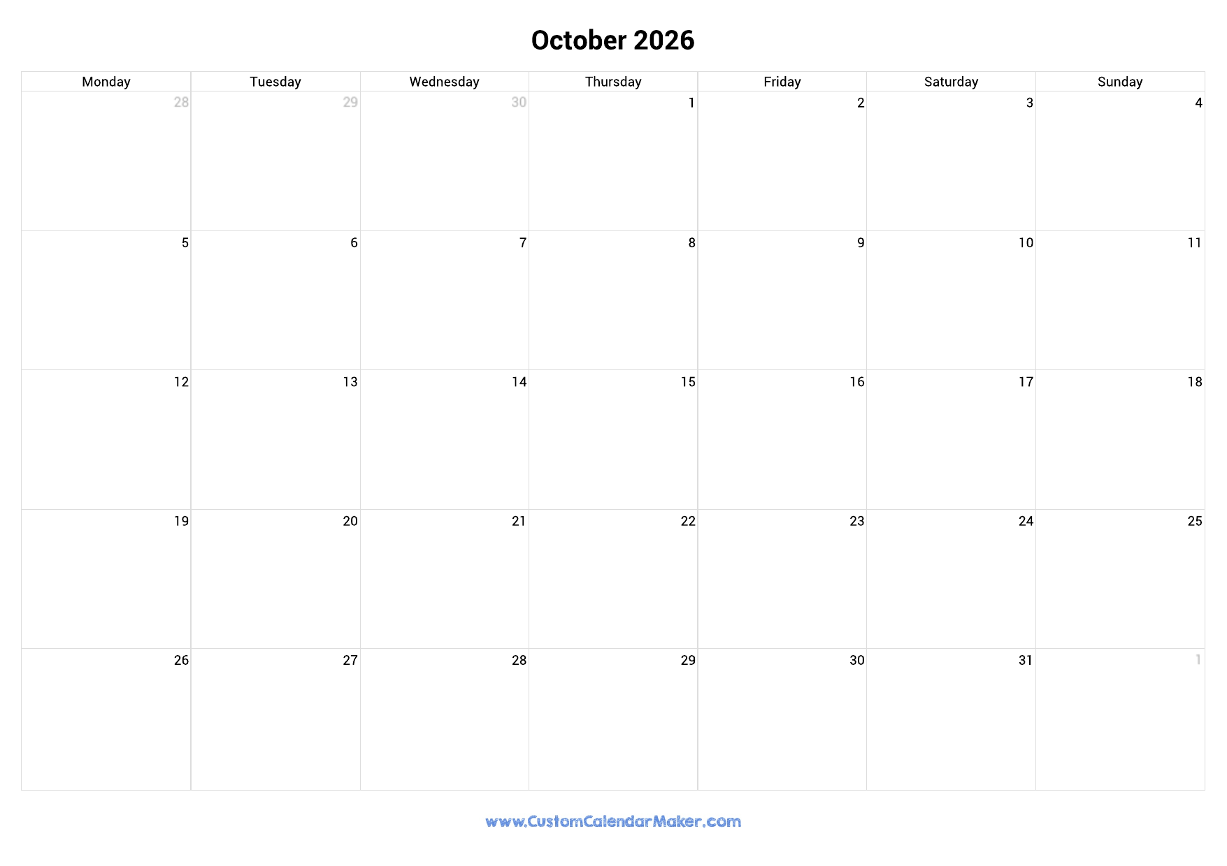 October 2026 Monday Start Calendar Monday To Sunday Custom Calendar Maker October 2026 Monday Start Calendar Monday To Sunday Custom Calendar Maker