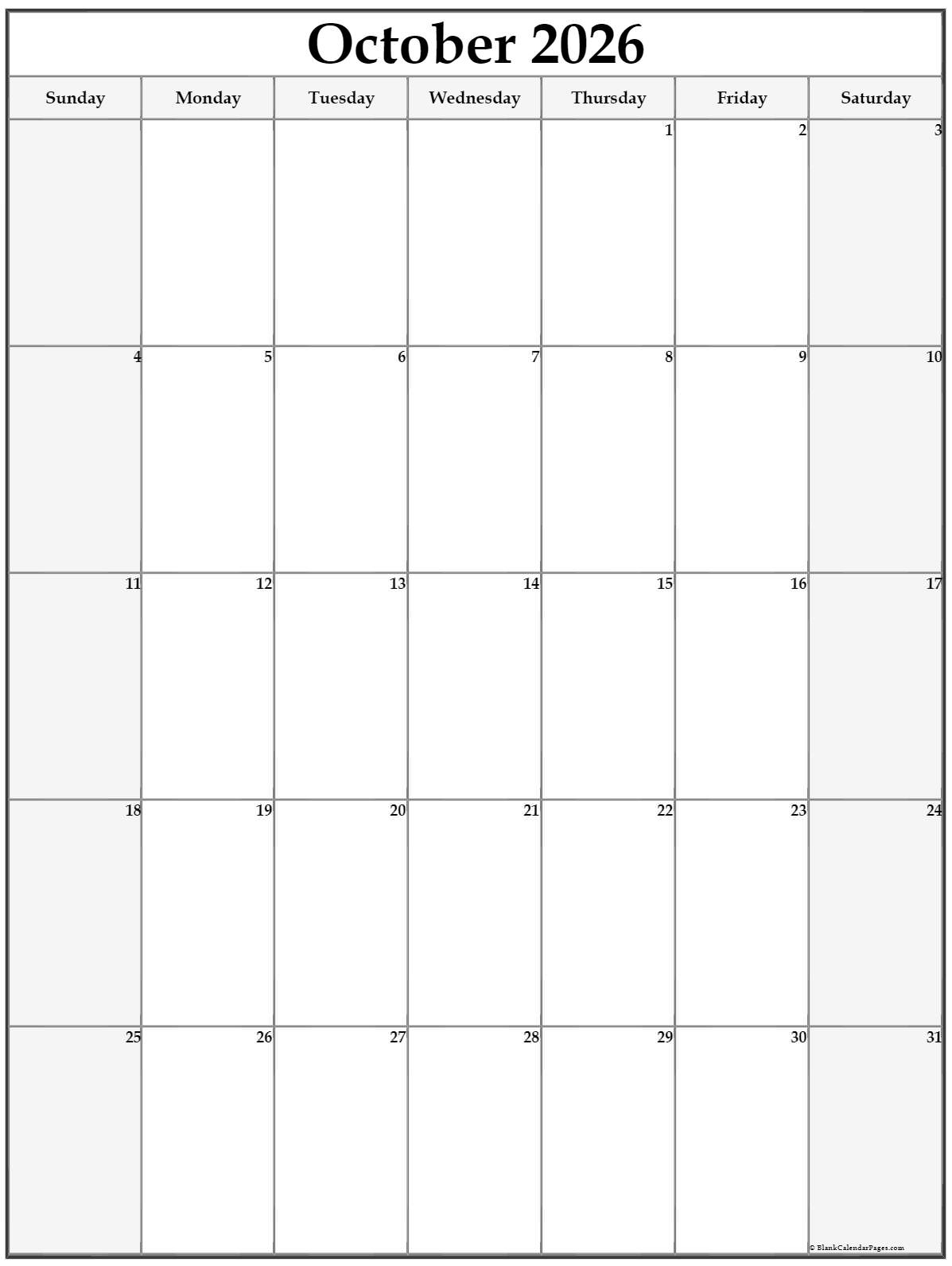 October 2026 Vertical Calendar Portrait October 2026 Vertical Calendar Portrait
