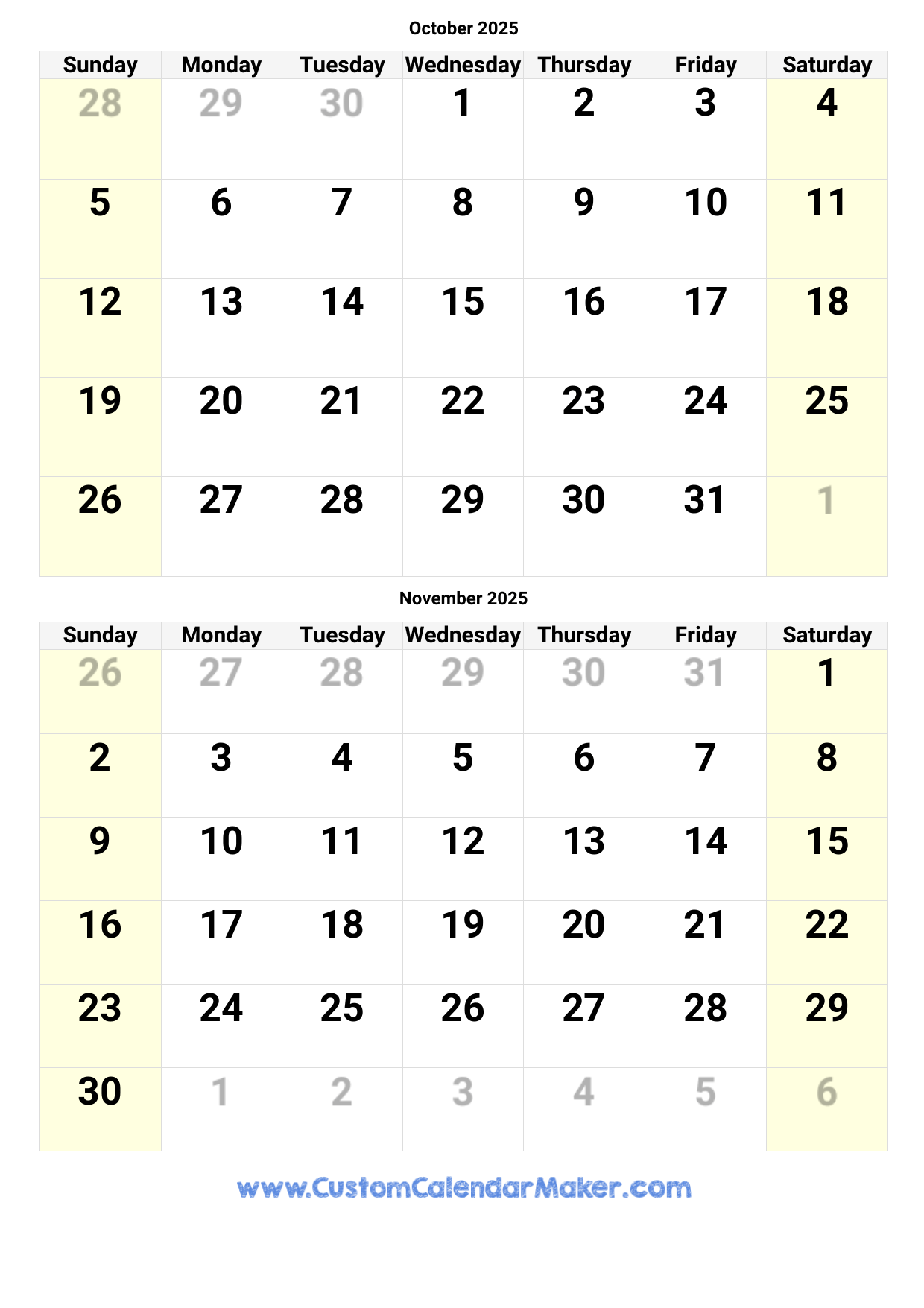 October And November 2025 Calendar Custom Calendar Maker October And November 2025 Calendar Custom Calendar Maker