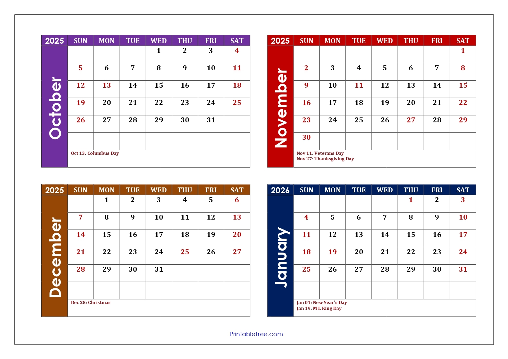 October To January 2026 Calendar Printable PDF Four Months Calendar October To January 2026 Calendar Printable PDF Four Months Calendar