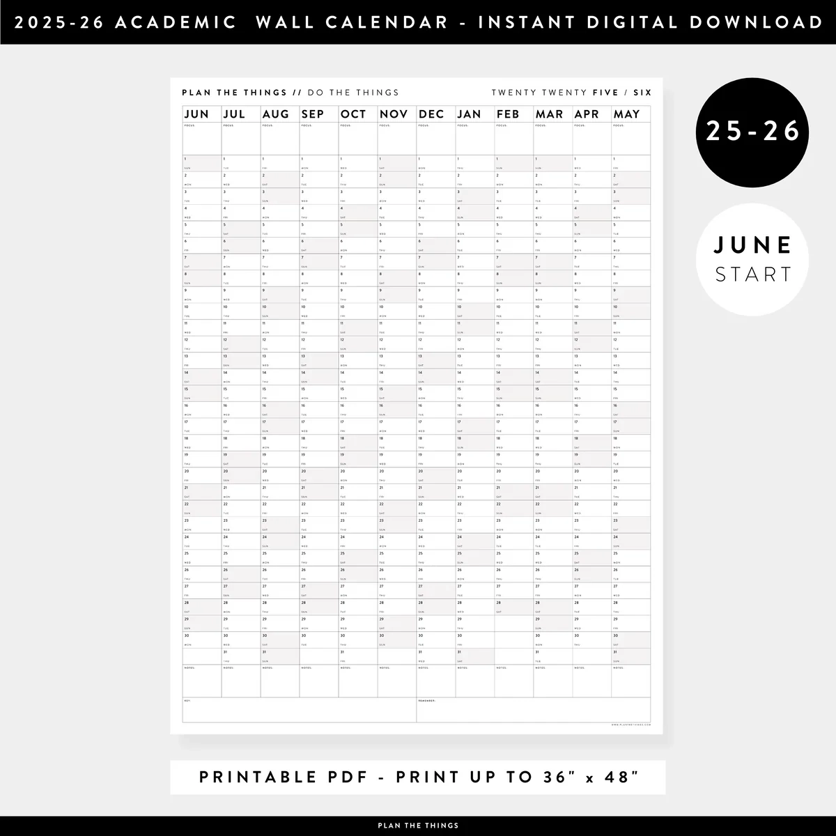 PRINTABLE 2025 2026 ACADEMIC WALL CALENDAR JUNE START VERTICAL W Plan The Things