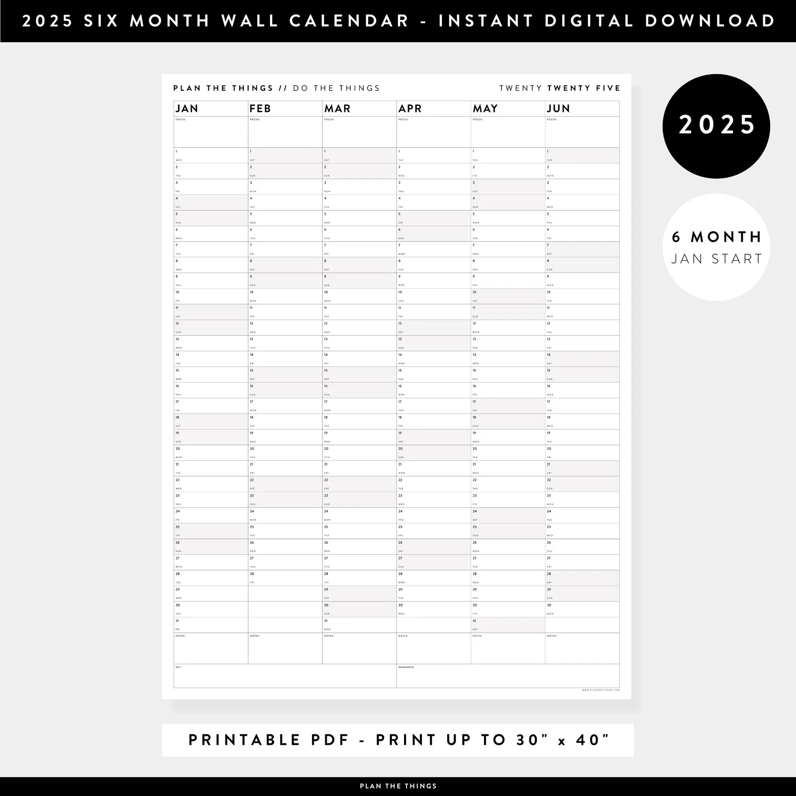 PRINTABLE 2025 SIX MONTH CALENDARS JANUARY JUNE INSTANT DOWNLOA Plan The Things