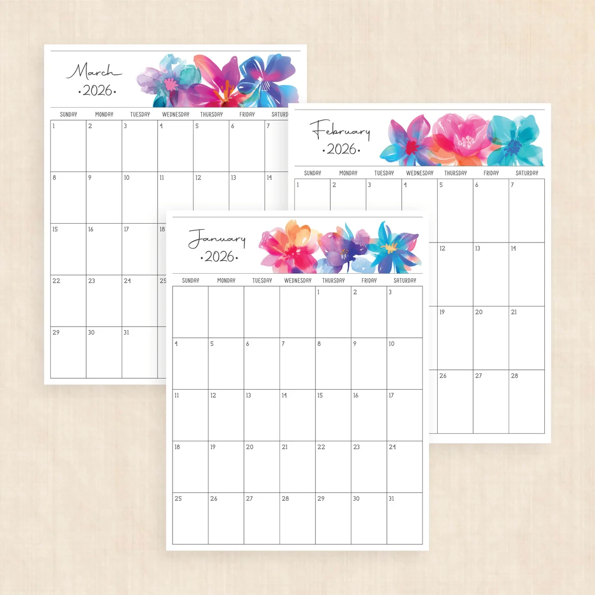 Printable 2026 Calendar Boho Bougainvillea Printable 2026 Calendar Boho Bougainvillea