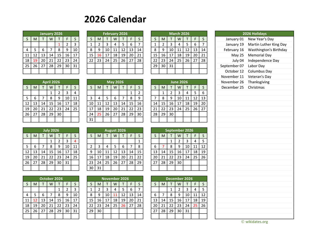 February 2026 Holiday Calendar