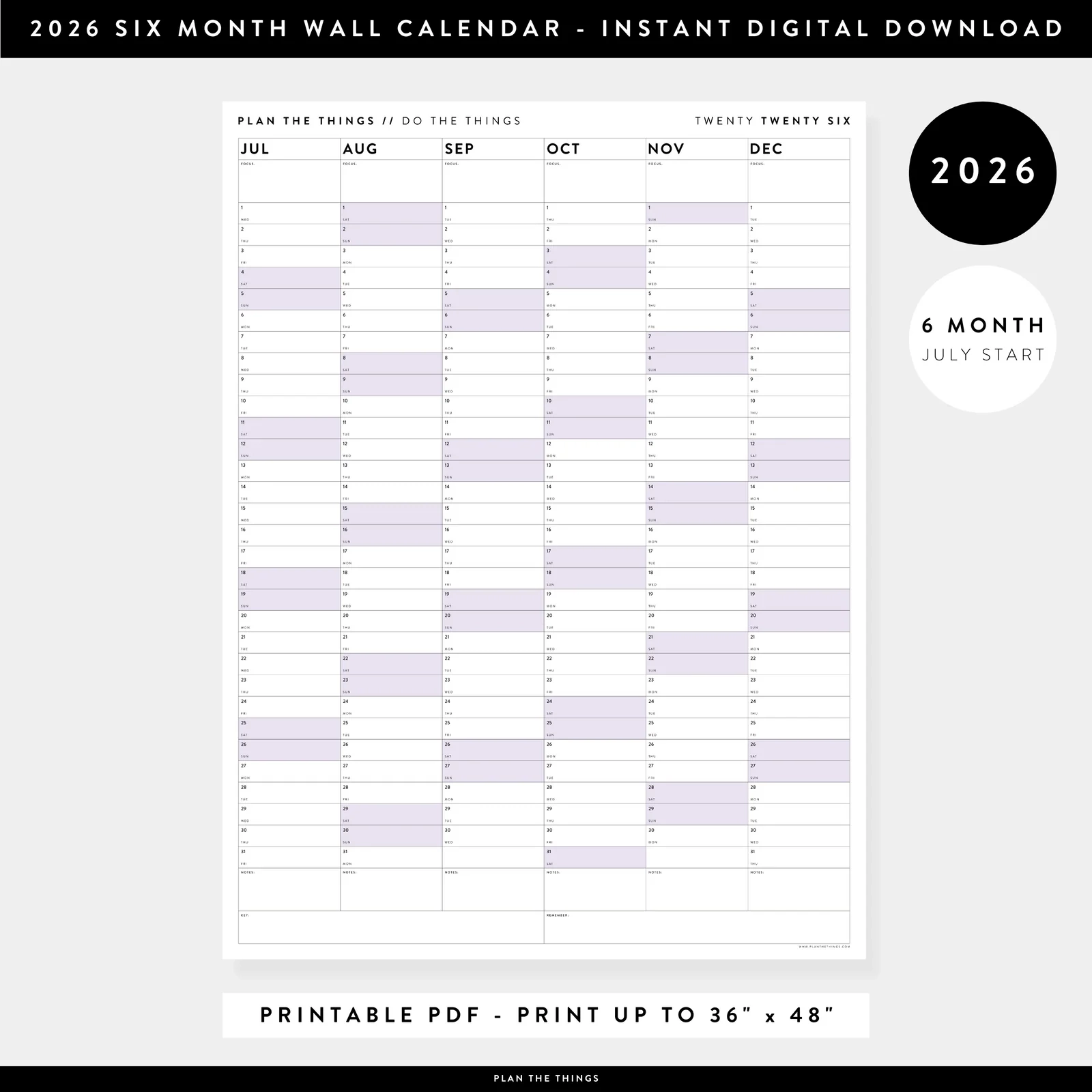 PRINTABLE 2026 SIX MONTH CALENDARS JULY DECEMBER INSTANT DOWNLO Plan The Things