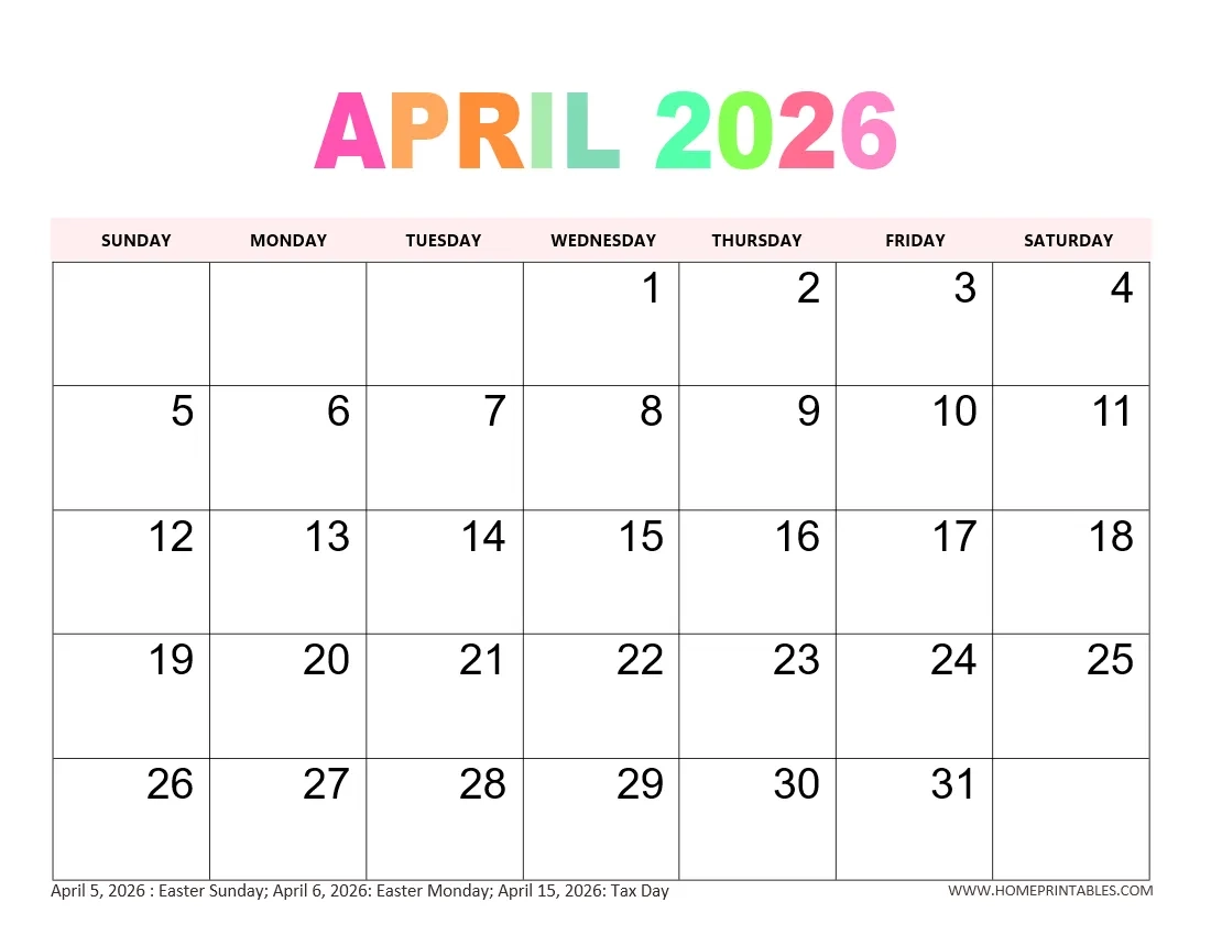 Printable April 2026 Calendar 30 Free Templates