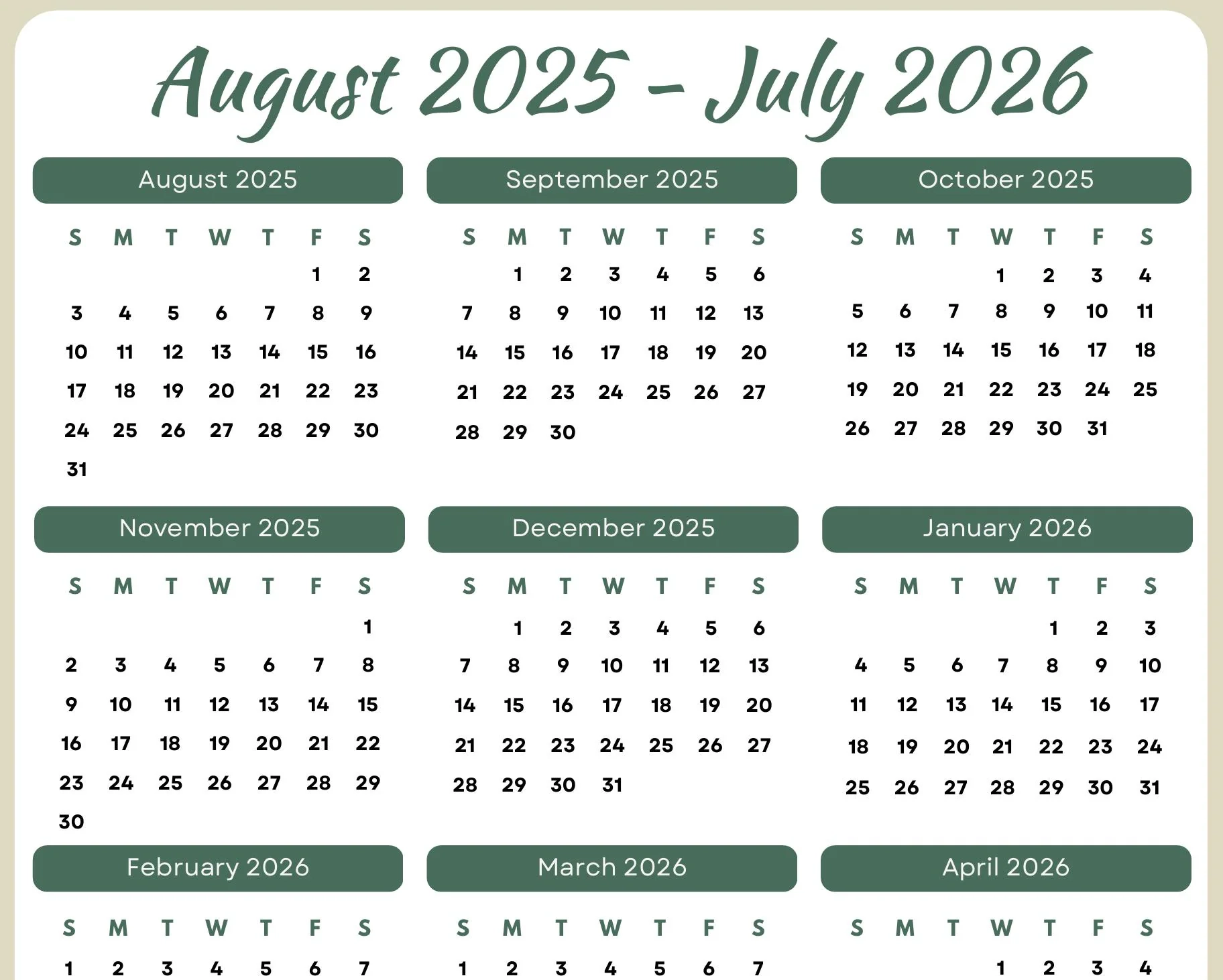 Printable August 2025 july 2026 Calendar With Instant Download Etsy