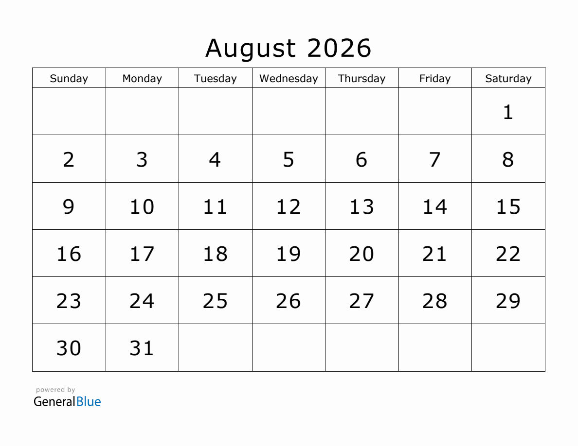 Blank Calendar Page August 2026