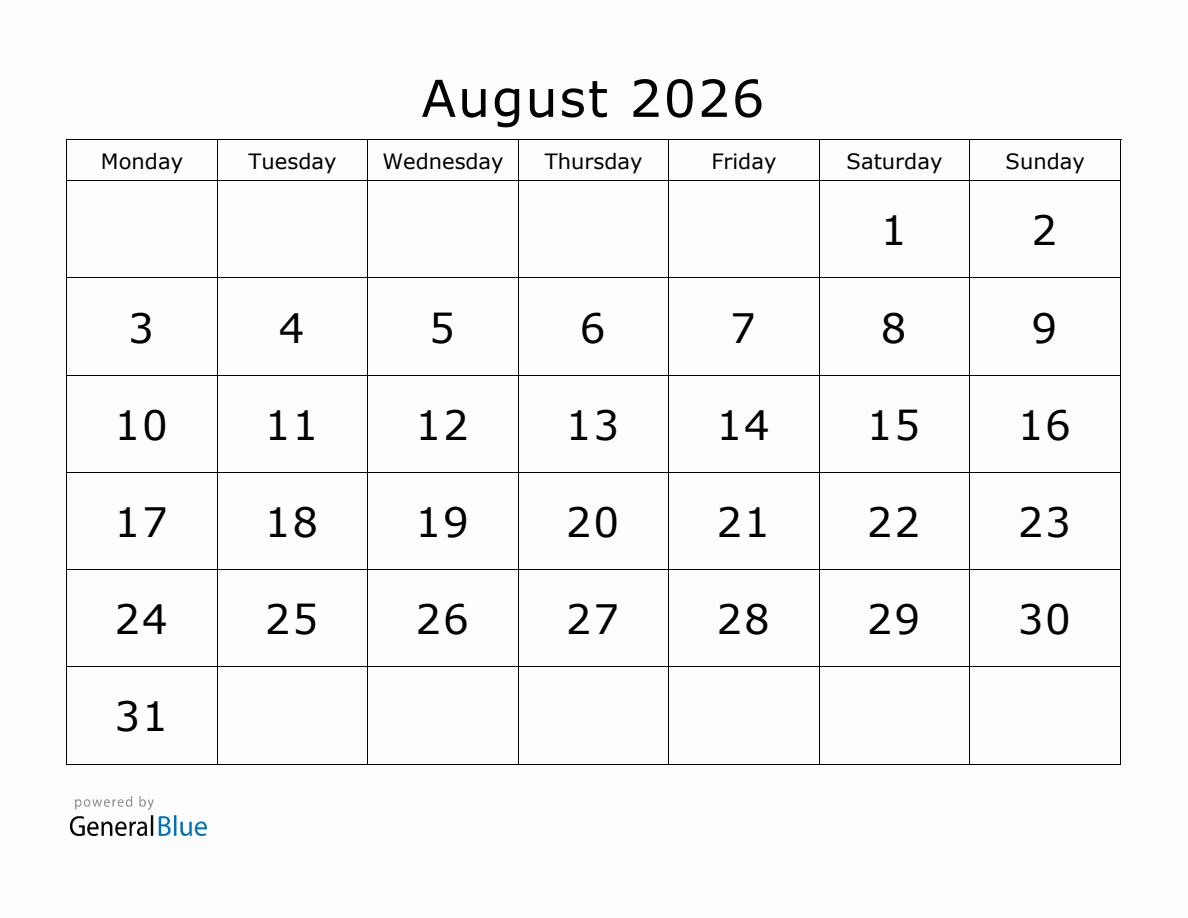 printable august 2026 calendar monday start
