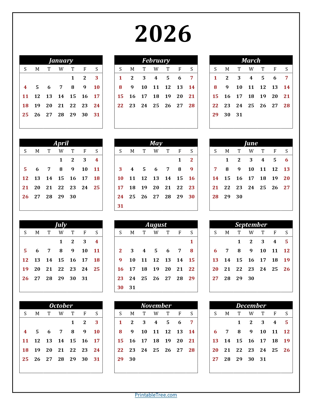 Printable Calendar 2026 One Page With Holidays Single Page 2026 Yearly Blank PDF Templates Printable Calendar 2026 One Page With Holidays Single Page 2026 Yearly Blank PDF Templates