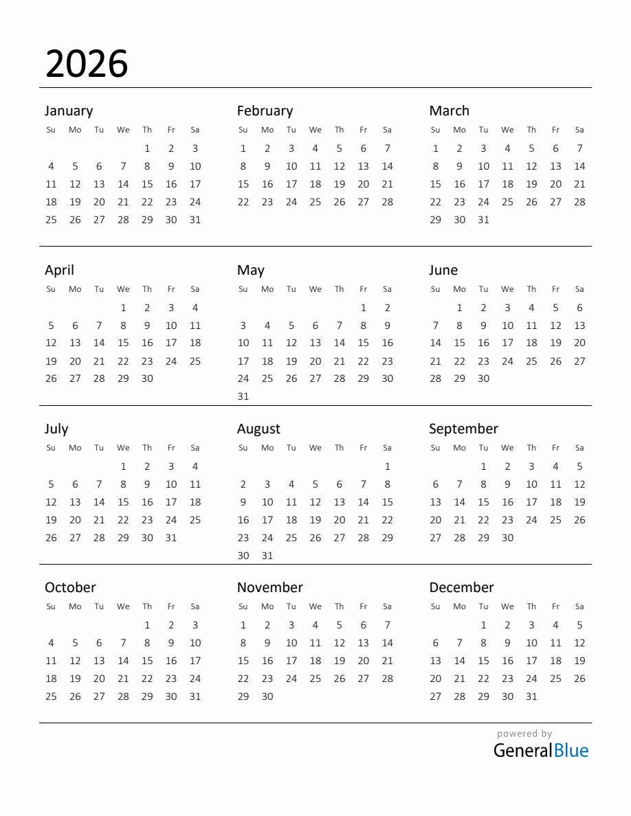 Printable 2026 Monthly Calendars