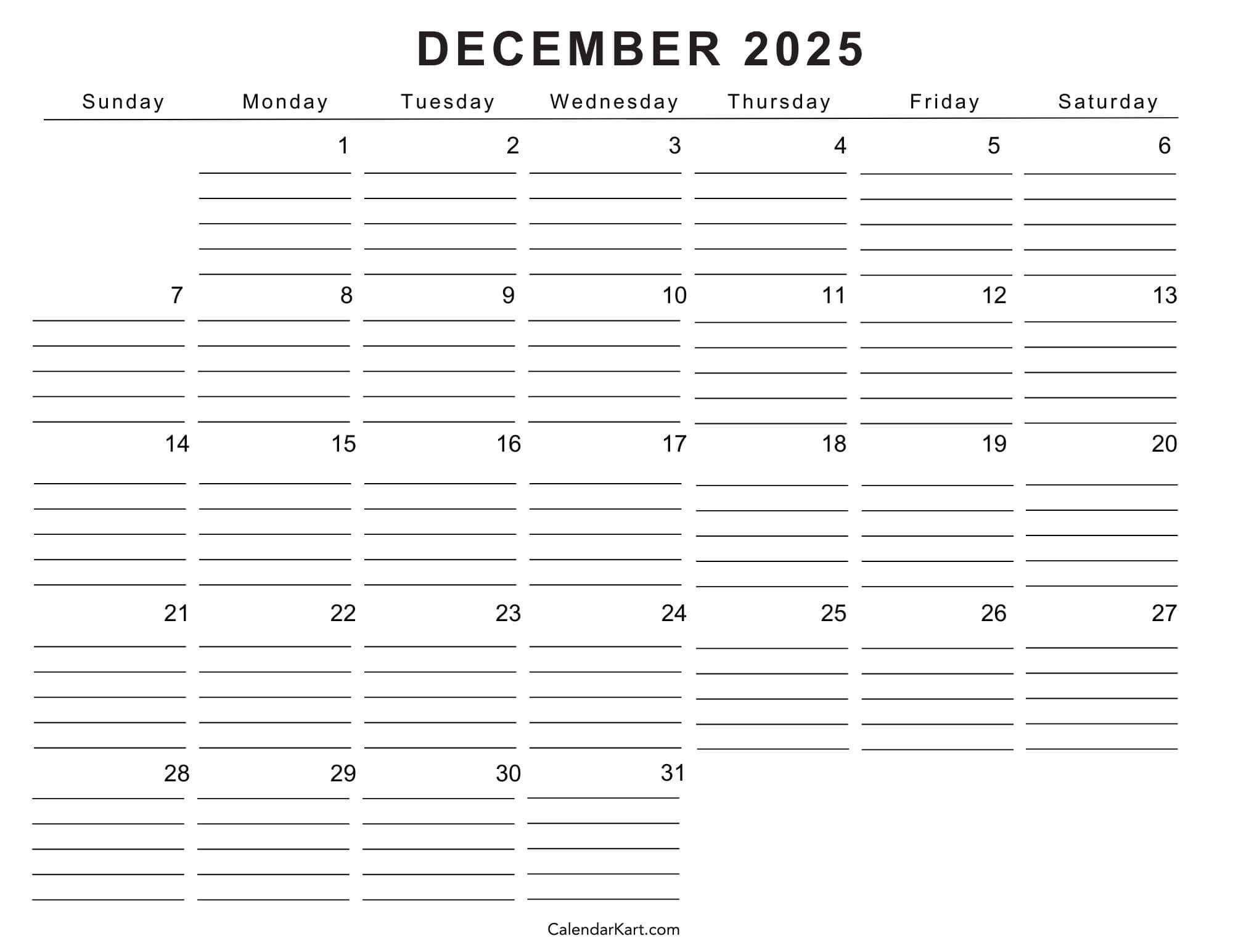 Printable December 2025 Calendars Free Pdf CalendarKart