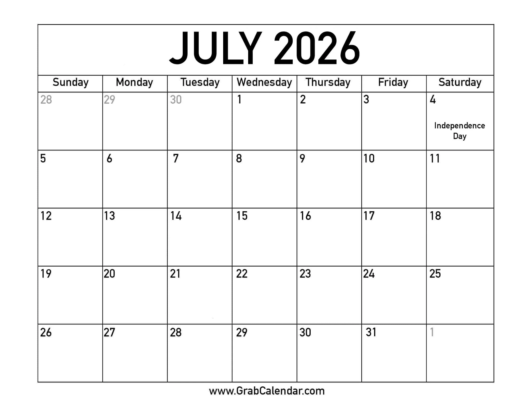 Printable July 2026 Calendar Printable July 2026 Calendar