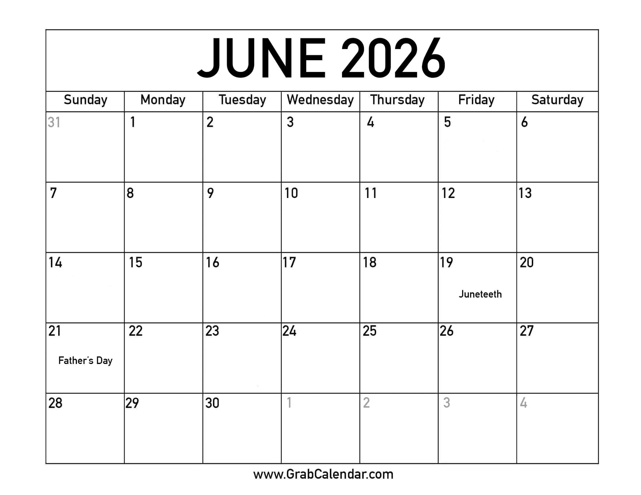 Printable June 2026 Calendar