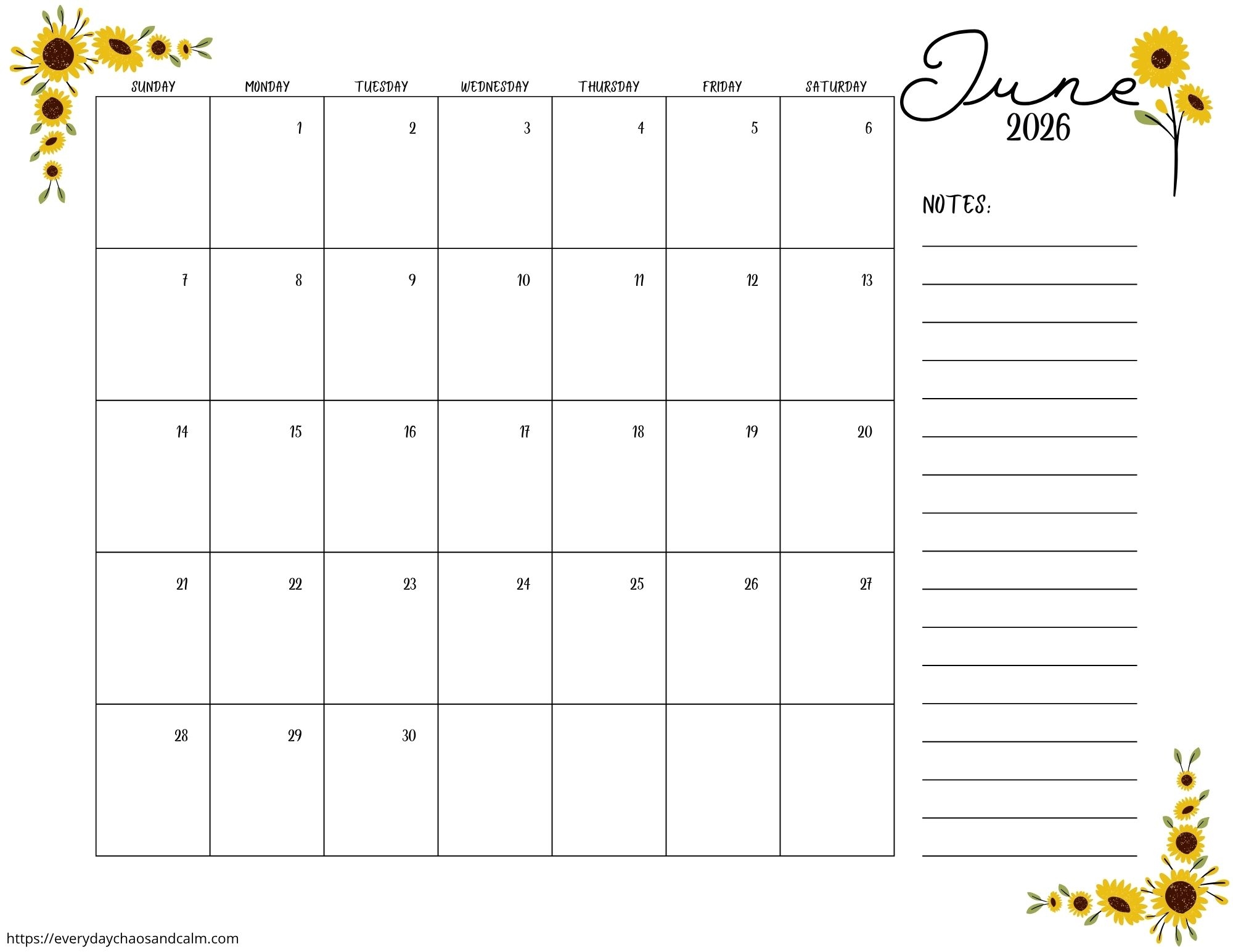 Printable June 2026 Calendars