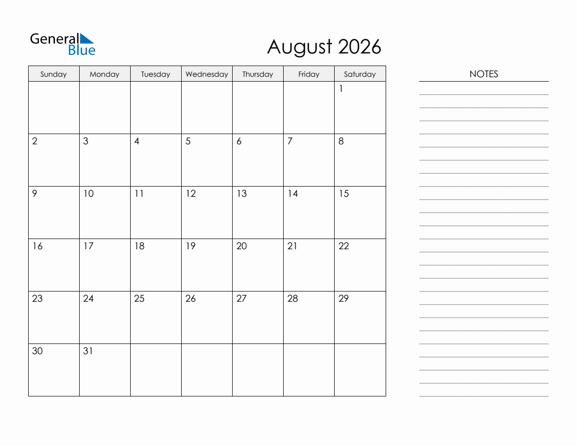 Printable Monthly Calendar With Notes August 2026
