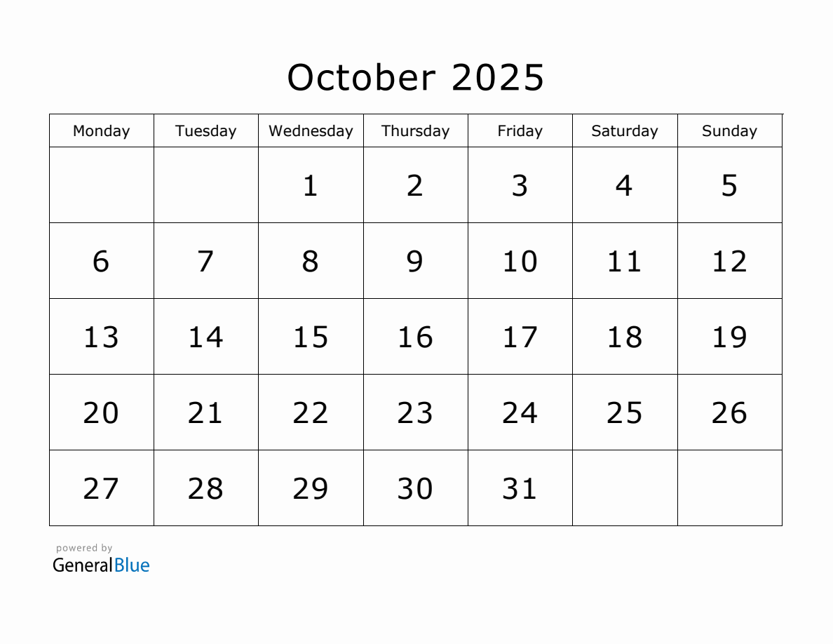 Printable October 2025 Calendar Monday Start