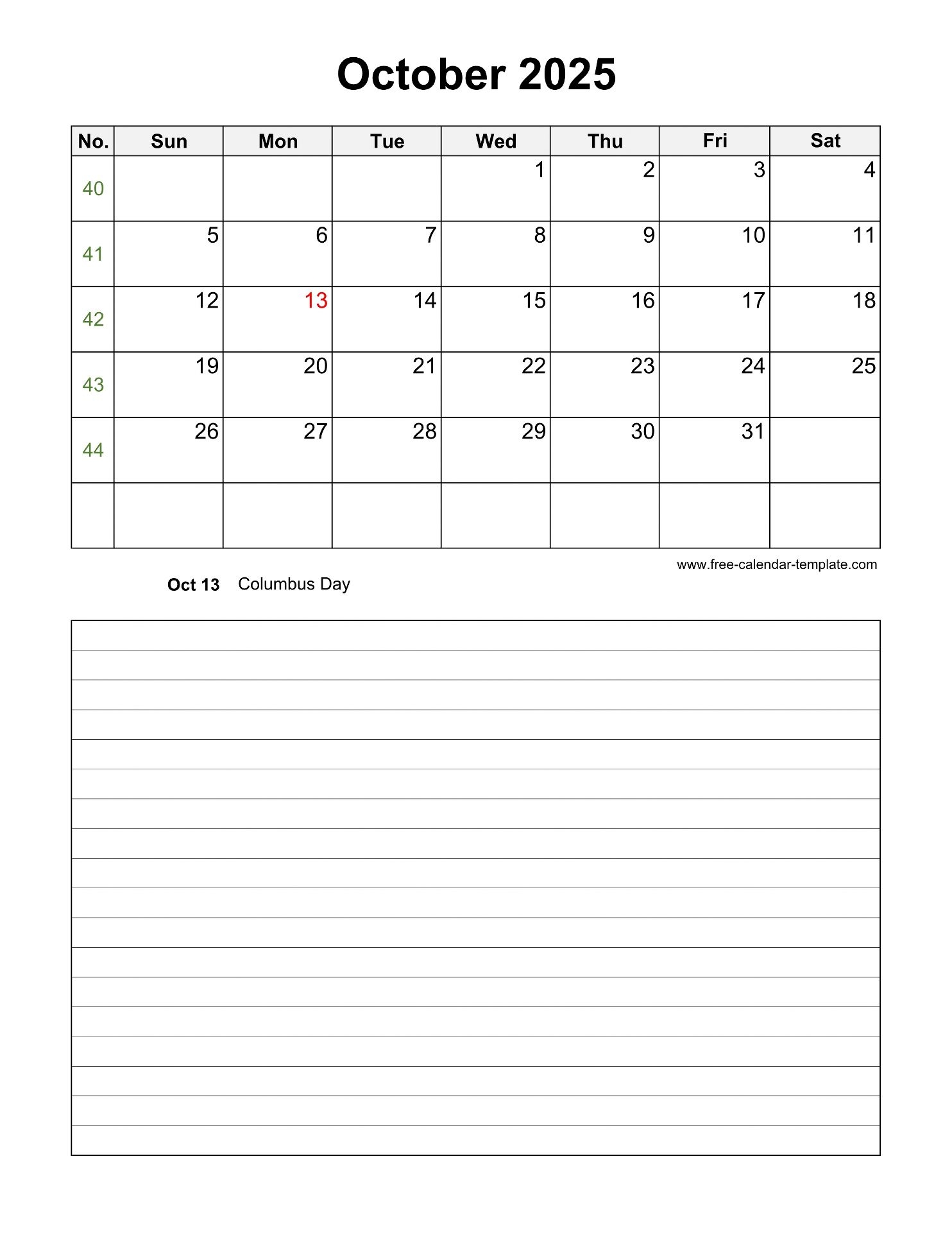 Printable October 2025 Calendar With Space For Appointments vertical Free calendar template Printable October 2025 Calendar With Space For Appointments vertical Free calendar template