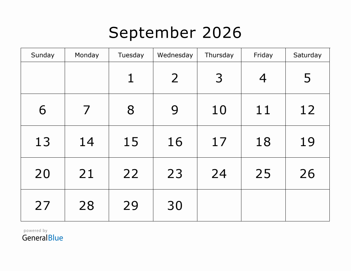 Printable September 2026 Calendar Printable September 2026 Calendar