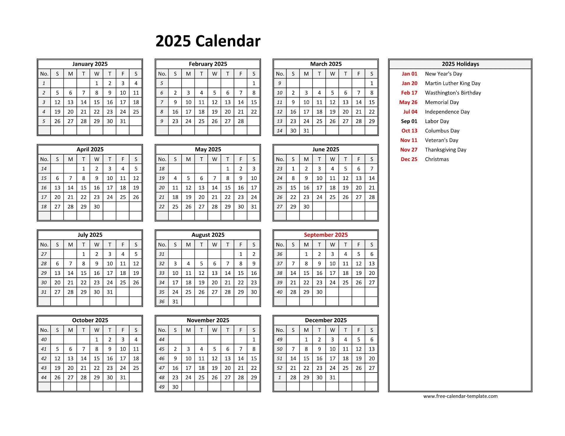 Blank Year Calendar 2025