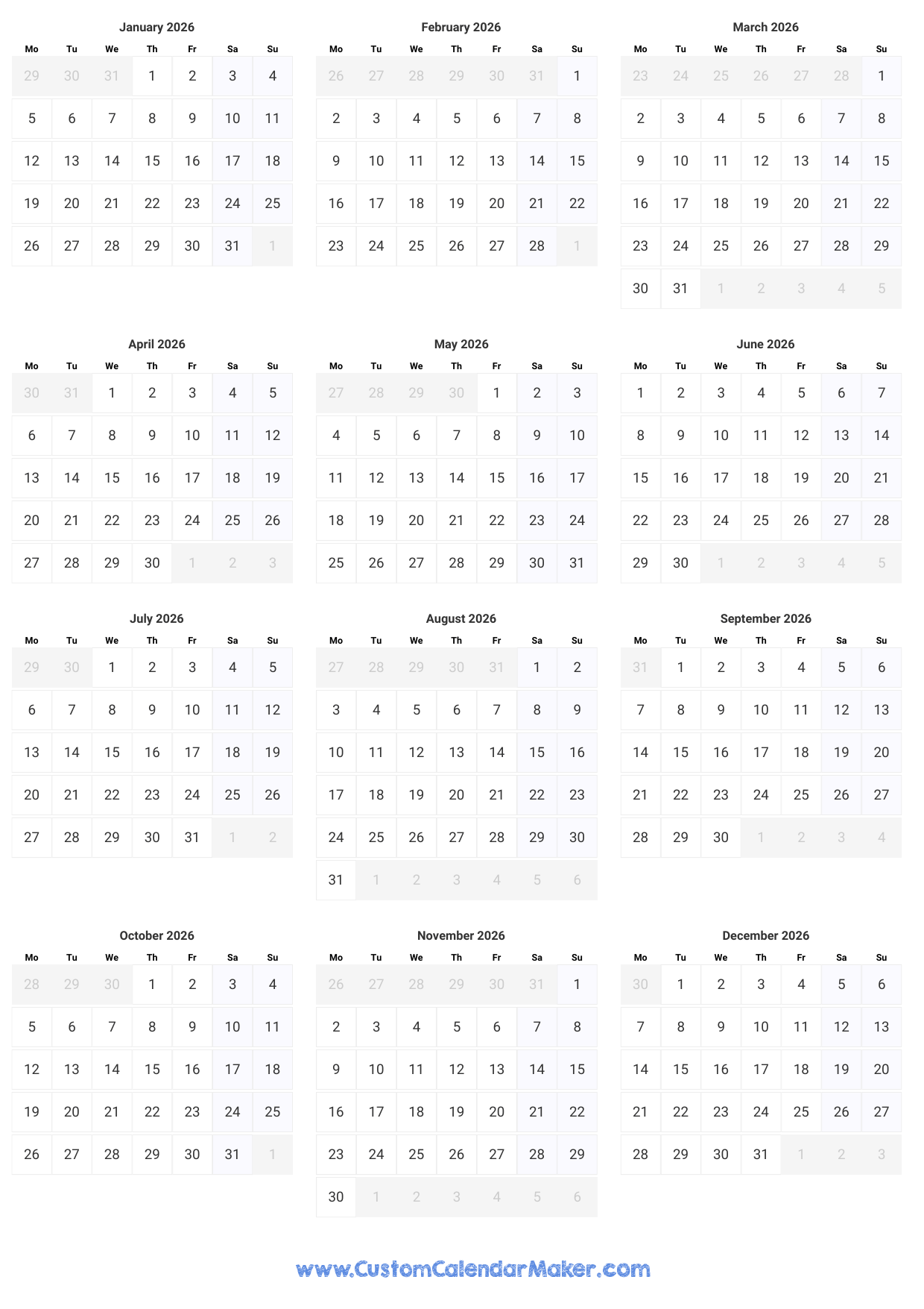 Printable Yearly Calendar 2026 Full Year At A Glance Custom Calendar Maker Printable Yearly Calendar 2026 Full Year At A Glance Custom Calendar Maker