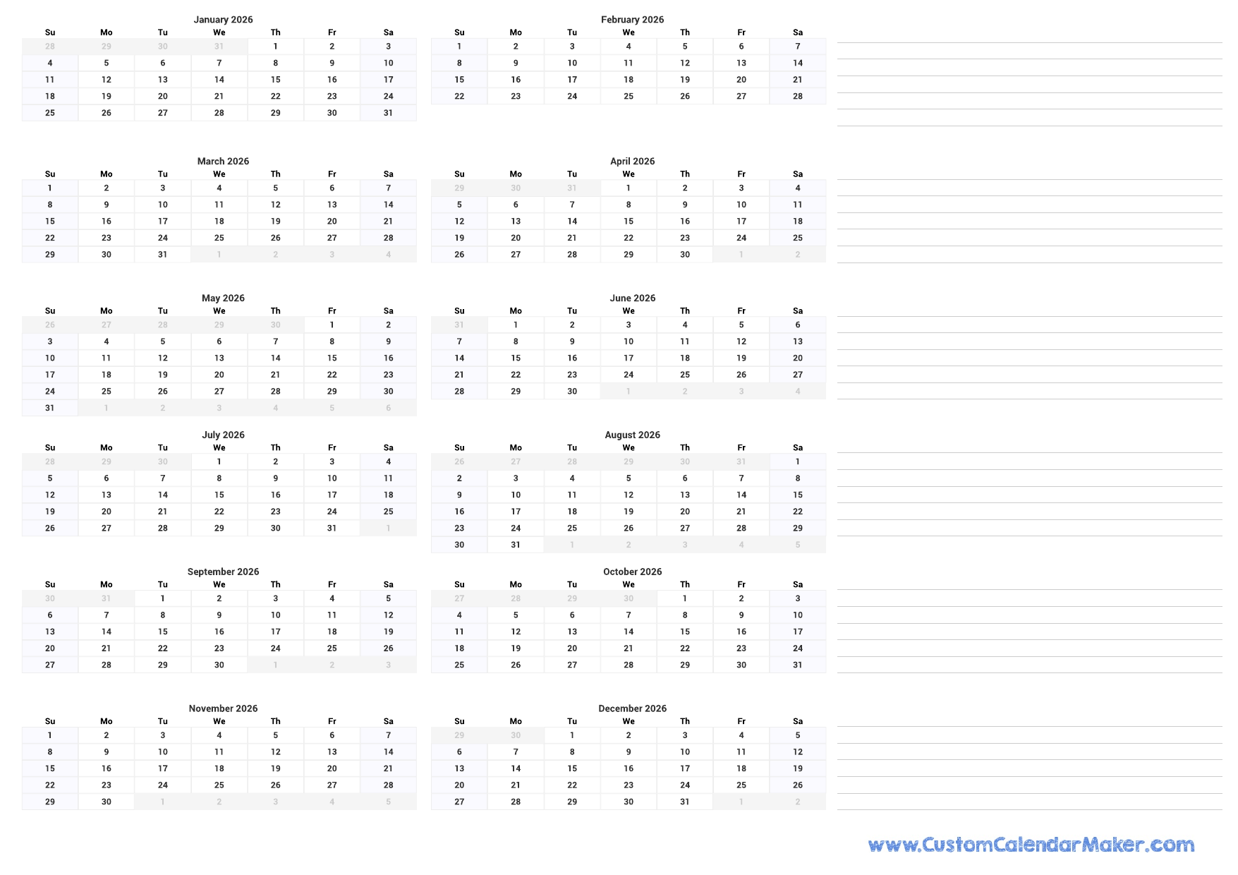 Full Calendar For 2026