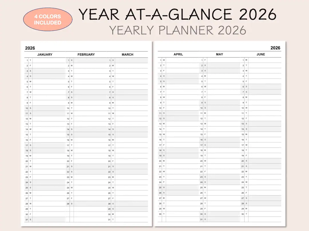 Printable Yearly Planner Calendar 2026 Yearly Overview 2026 Year At a glance 2026 4 Colors Etsy Printable Yearly Planner Calendar 2026 Yearly Overview 2026 Year At a glance 2026 4 Colors Etsy