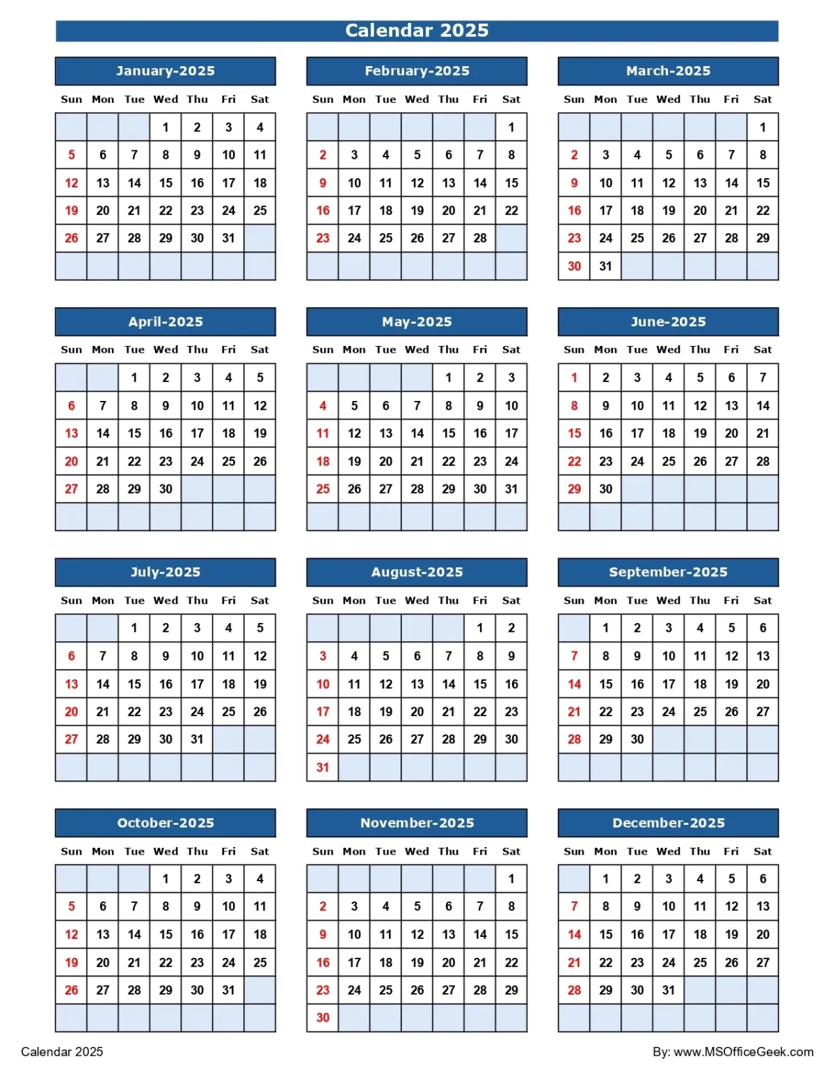 Blank Calendar 2025 Pdf