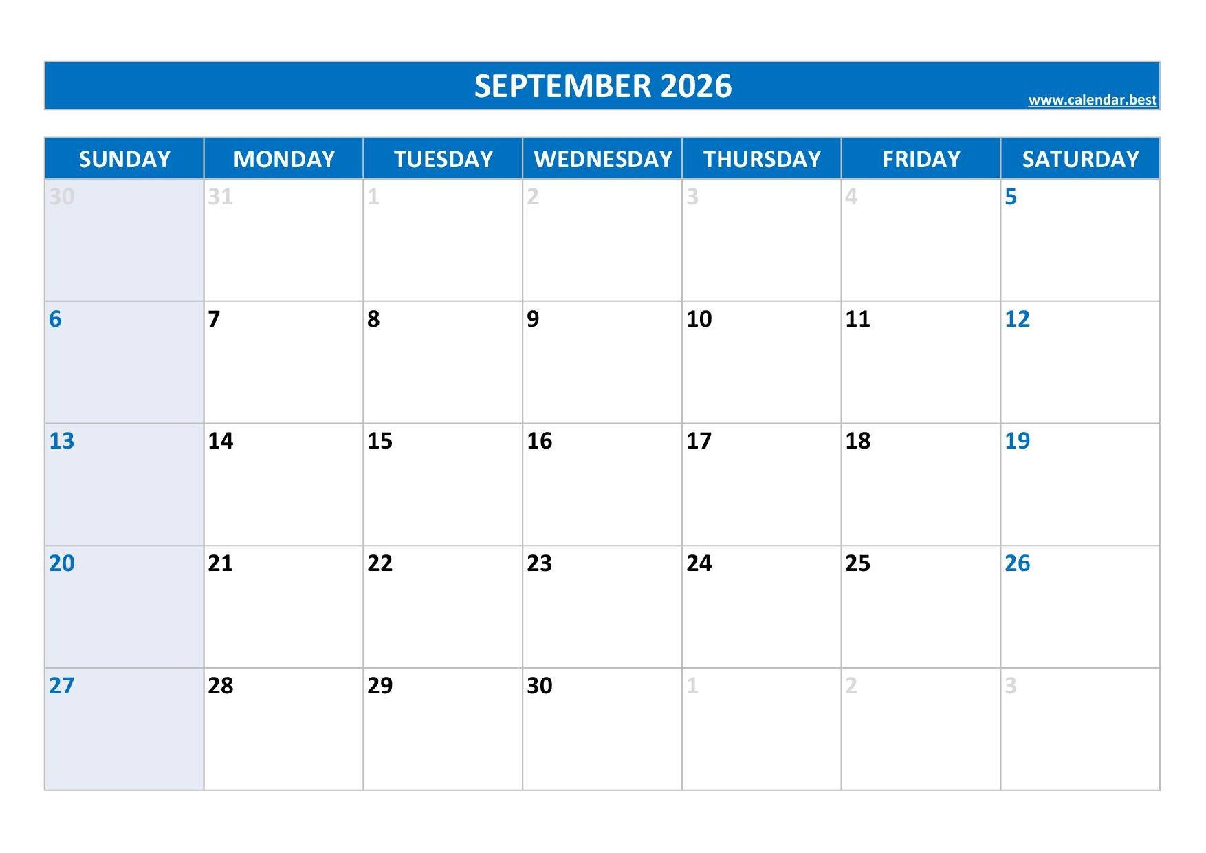 Blank September 2026 Calendar Free Blank September 2026 Calendar Free