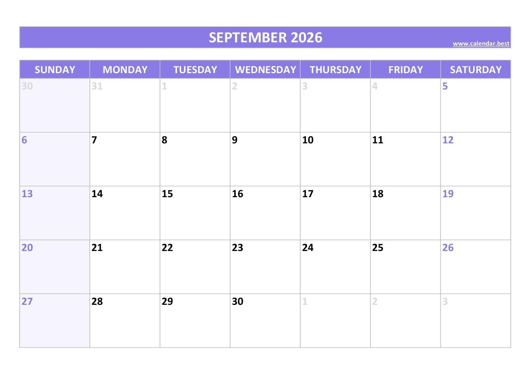 September 2026 Blank Calendar Pdf