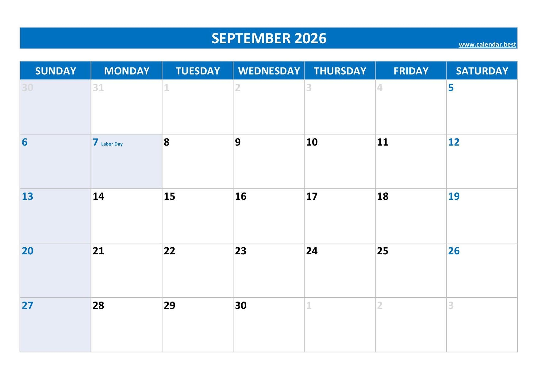 Free Printable Blank September 2026 Calendar Free Printable Blank September 2026 Calendar
