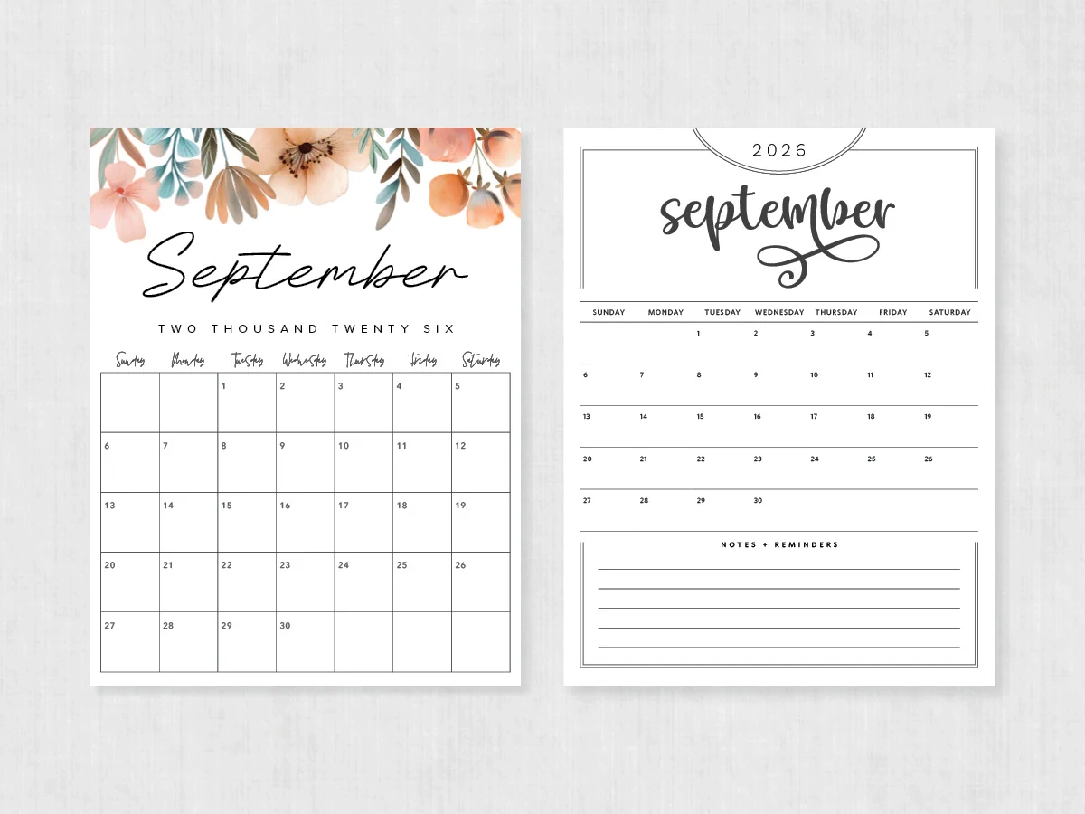 September 2026 Calendar Printable PDF Templates September 2026 Calendar Printable PDF Templates