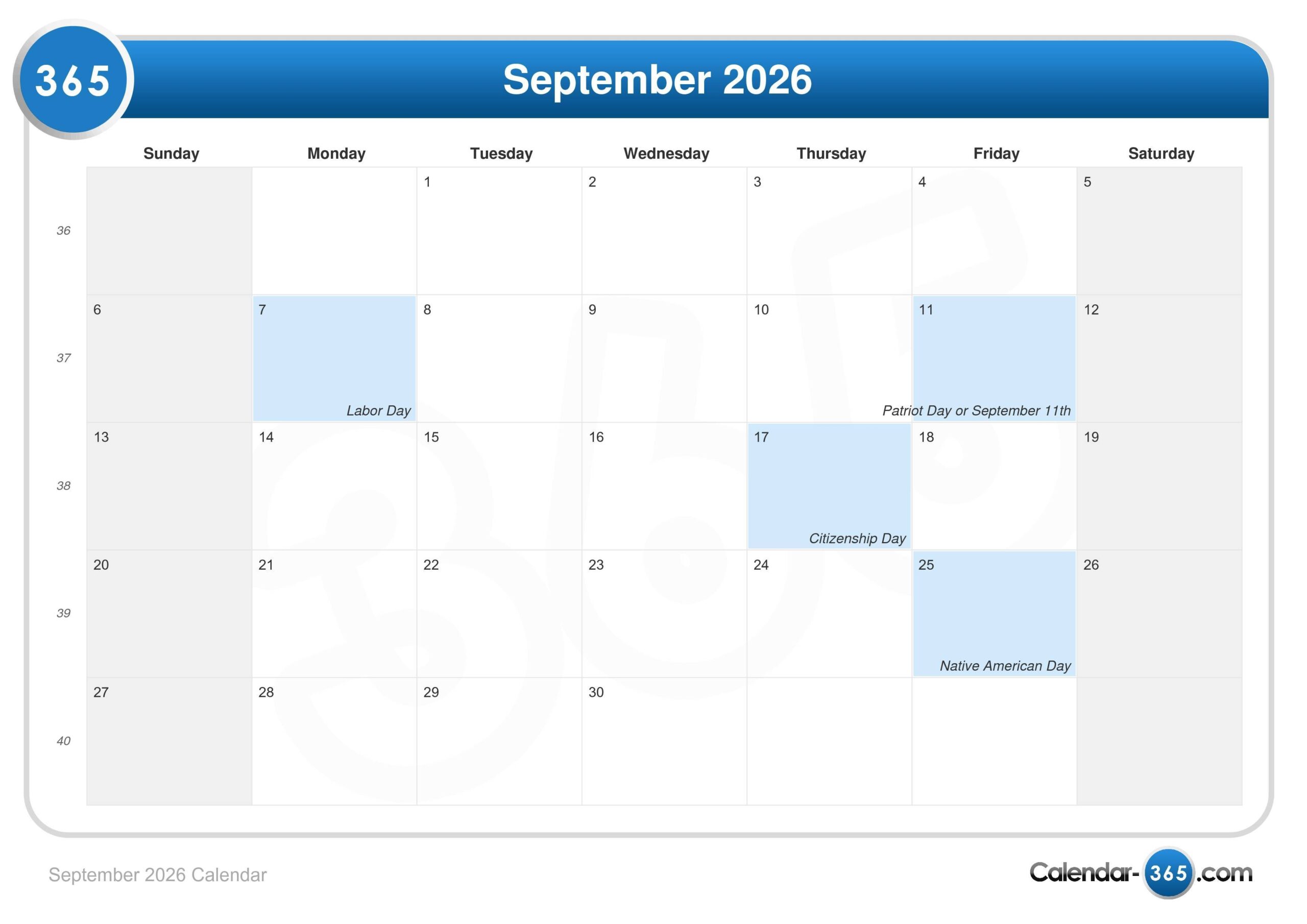 September 2026 Holiday Calendar September 2026 Holiday Calendar