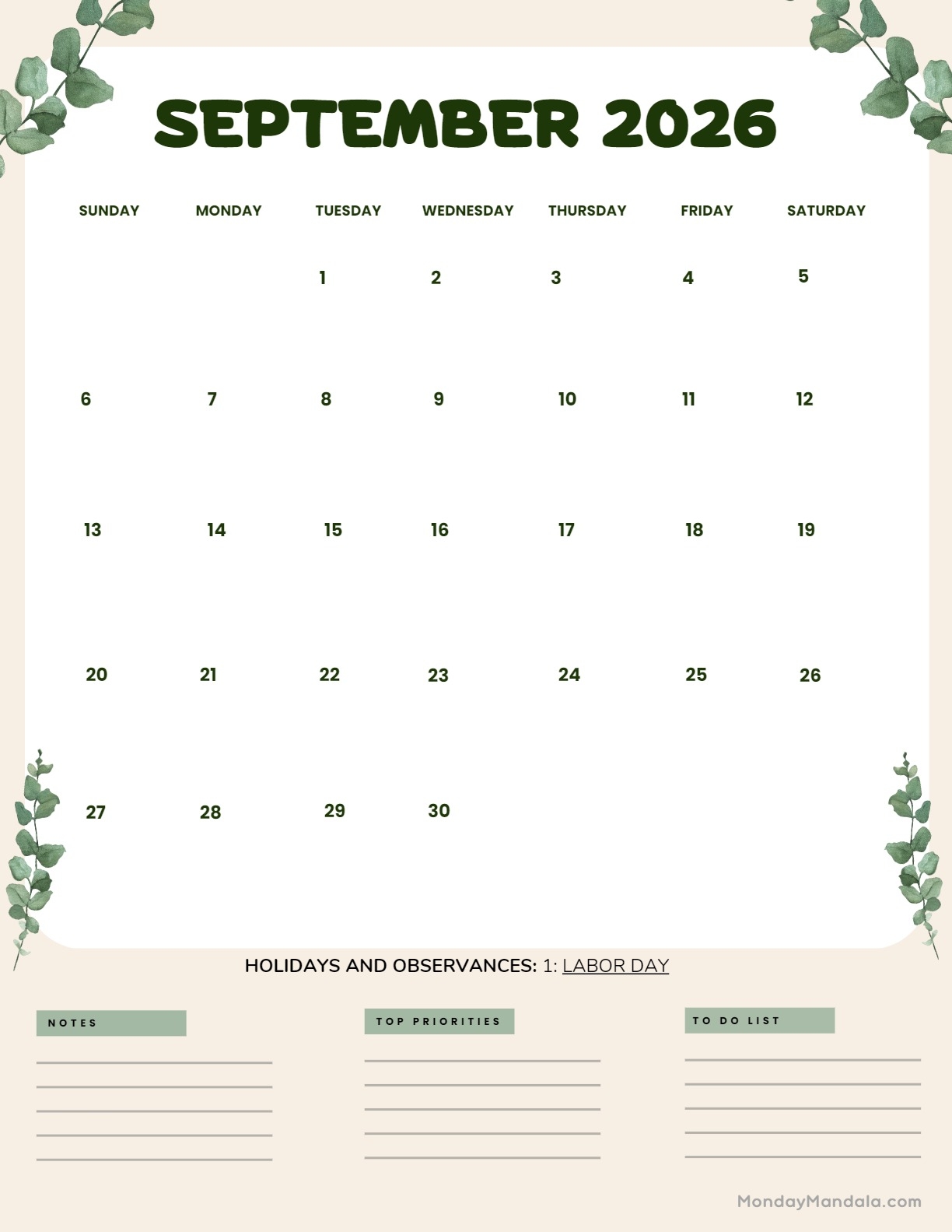 Blank Calendar Pages September 2026 Printable Blank Calendar Pages September 2026 Printable