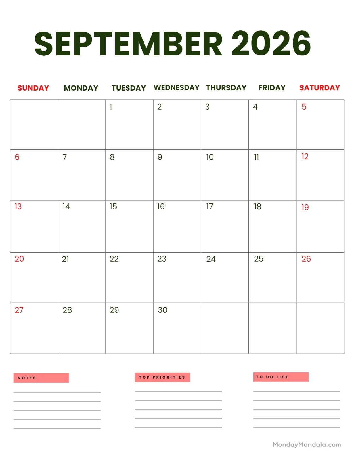 September 2026 Calendars 52 Free PDF Printables 
