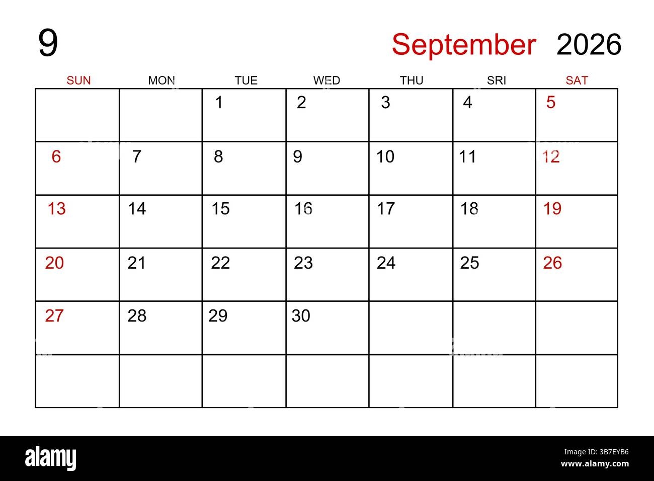 Blank Sept Calendar 2026