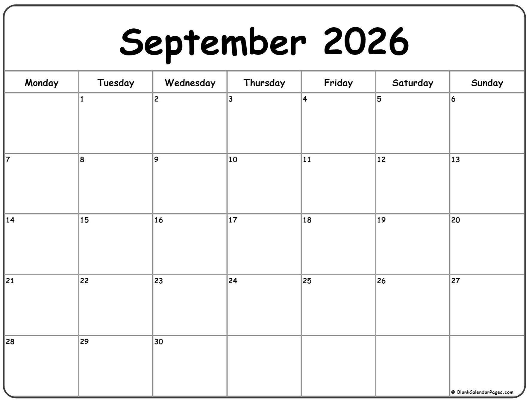 September 2026 Monday Calendar Monday To Sunday September 2026 Monday Calendar Monday To Sunday