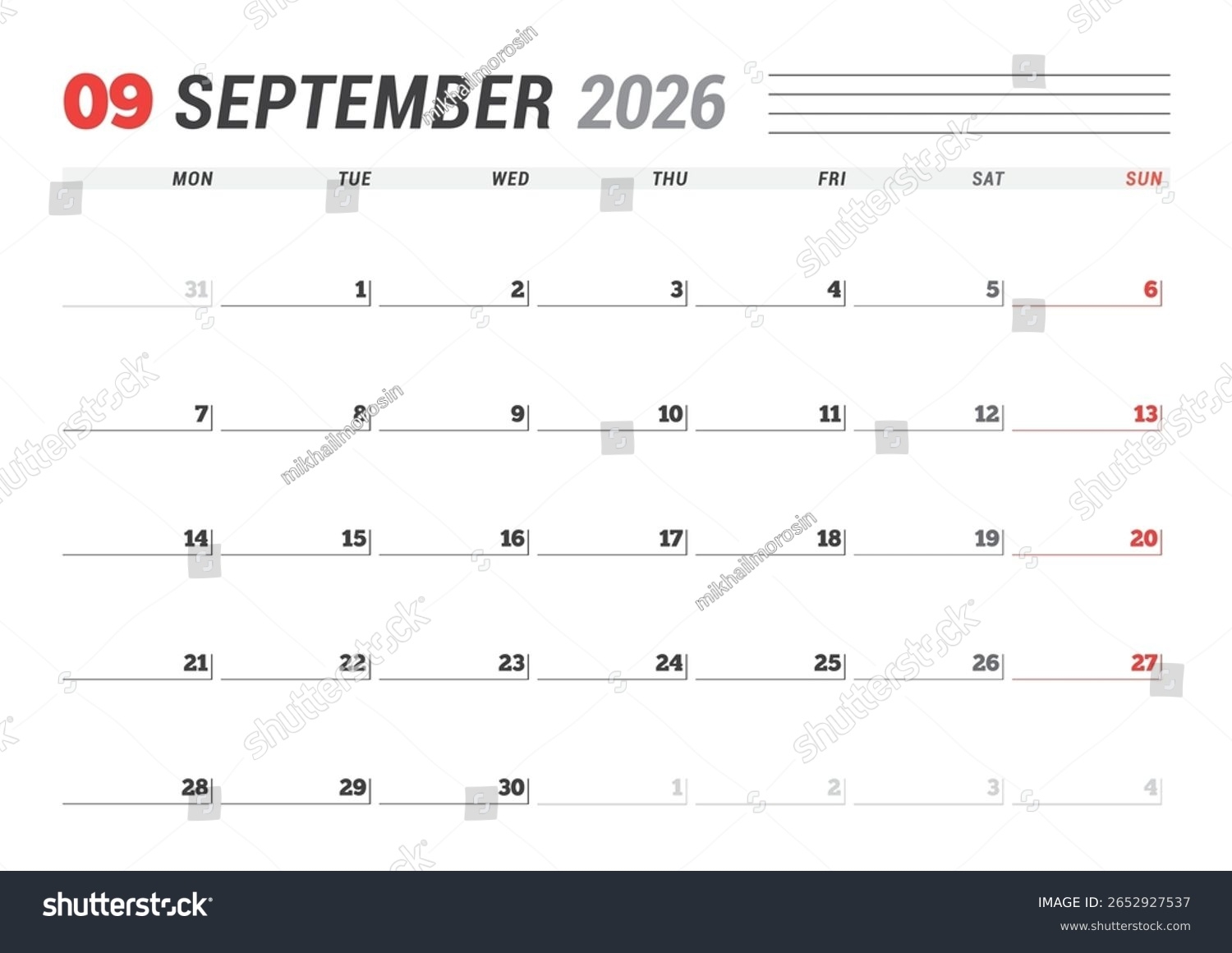 September 2026 Monthly Calendar Template Boosts Stock Vector Royalty Free 2652927537 Shutterstock