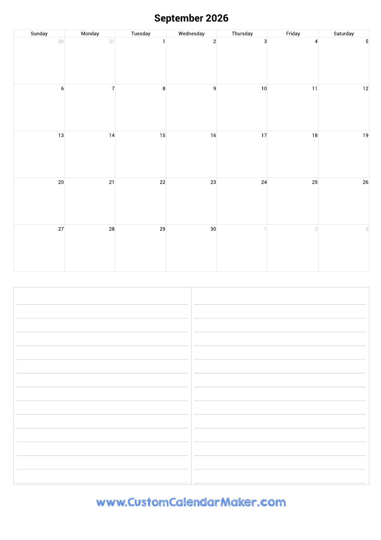 September 2026 Portrait Calendar With Notes Custom Calendar Maker