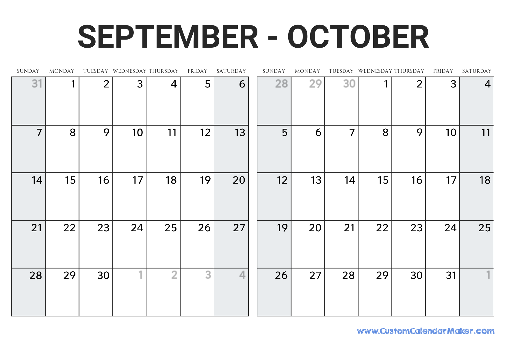 September And October 2025 Calendar Custom Calendar Maker