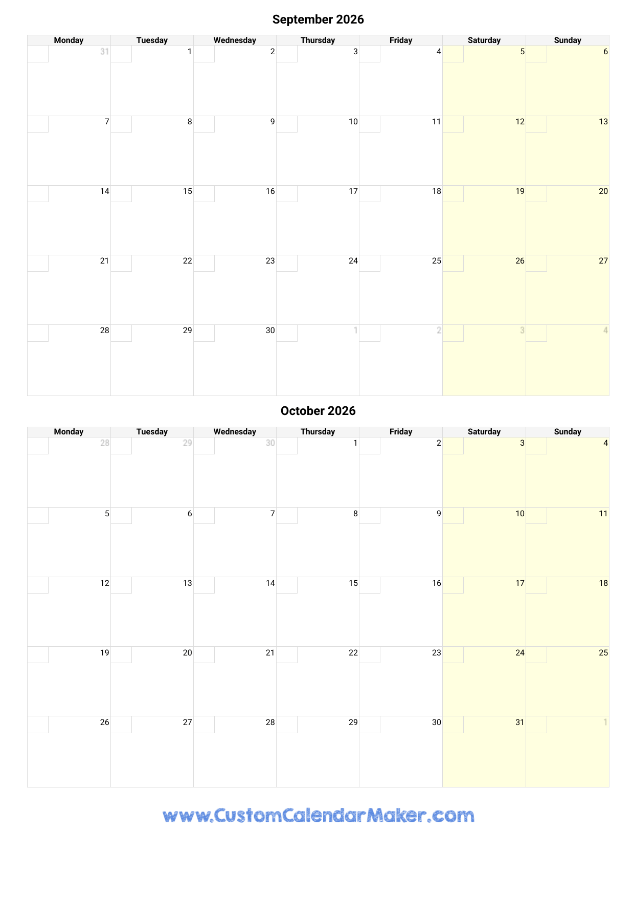 September And October 2026 Calendar Custom Calendar Maker