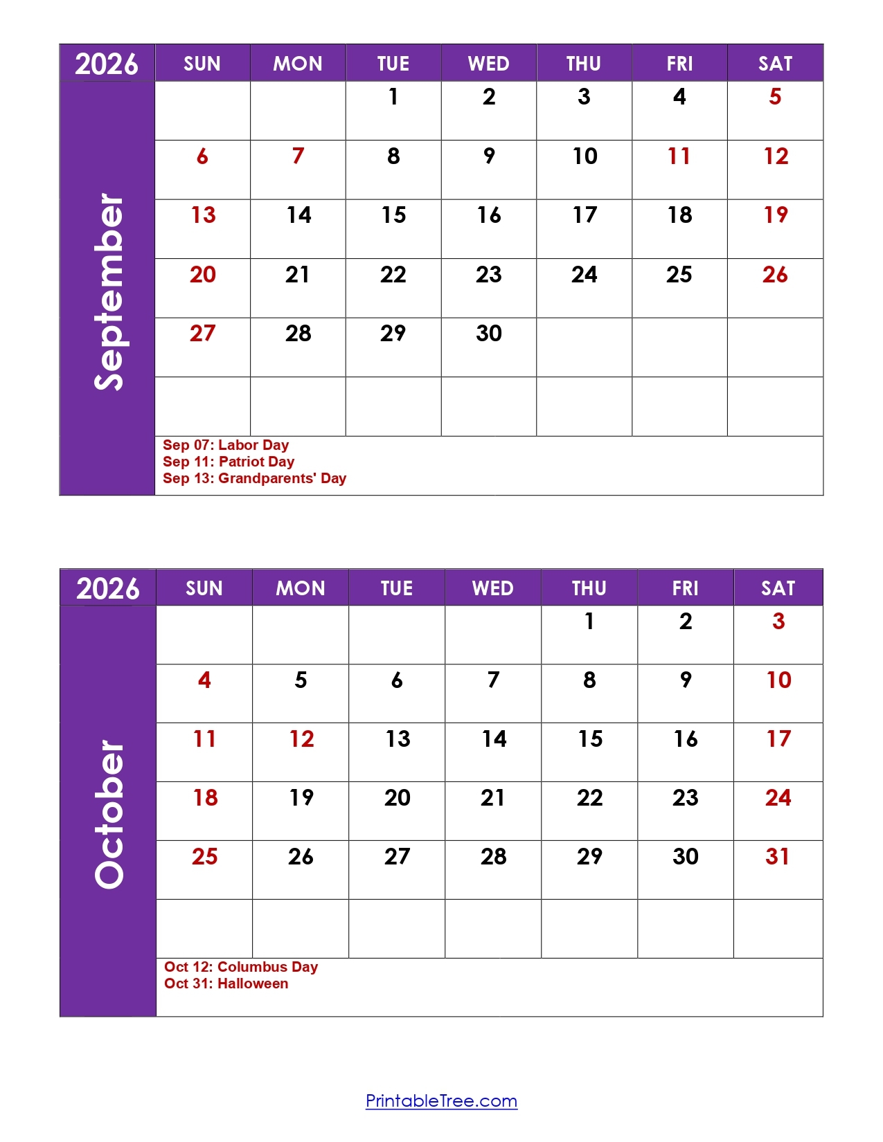 Blank October Calendar Printable 2026