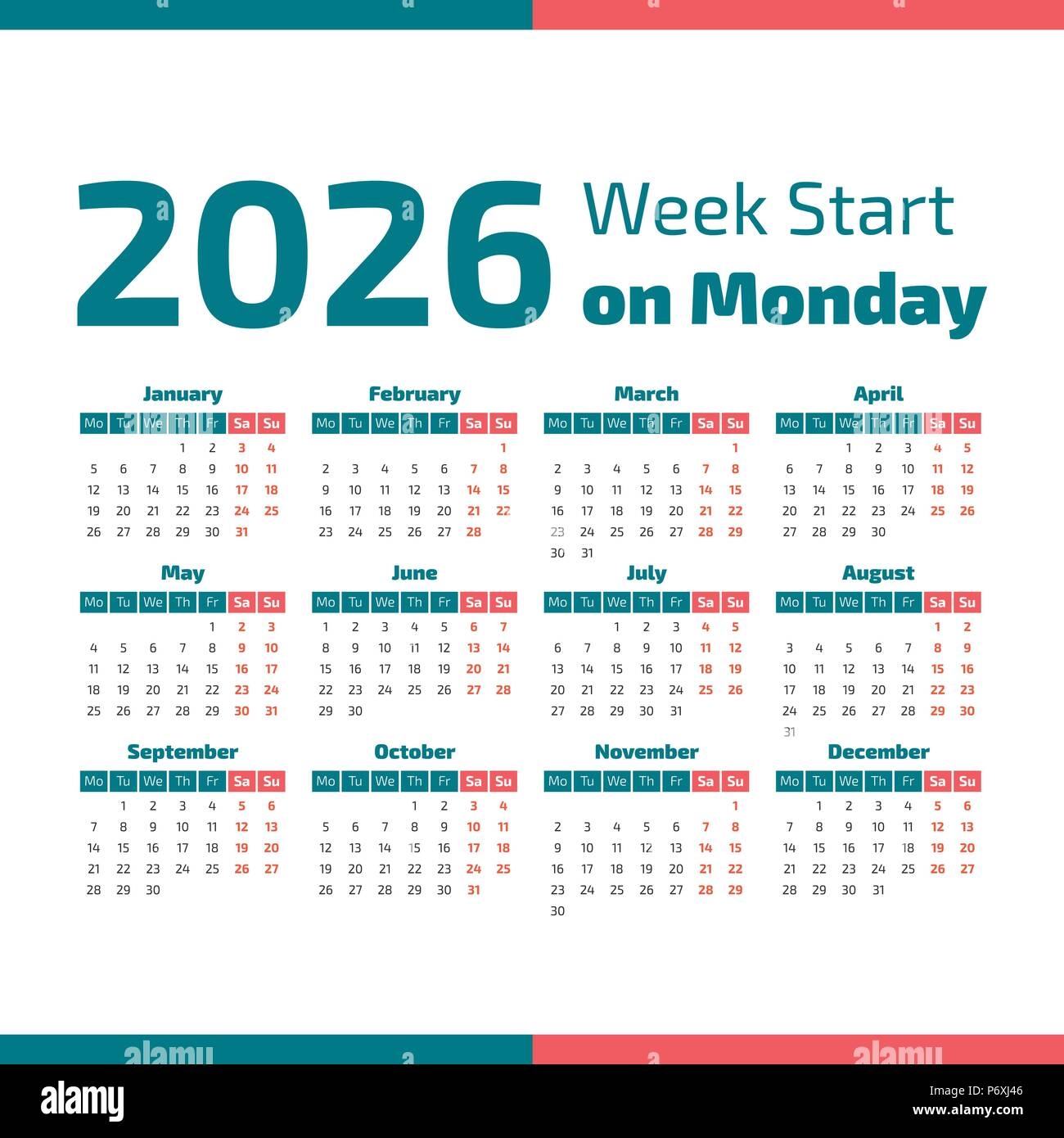 Simple 2026 Year Calendar Week Starts On Monday Stock Vector Image Art Alamy Simple 2026 Year Calendar Week Starts On Monday Stock Vector Image Art Alamy