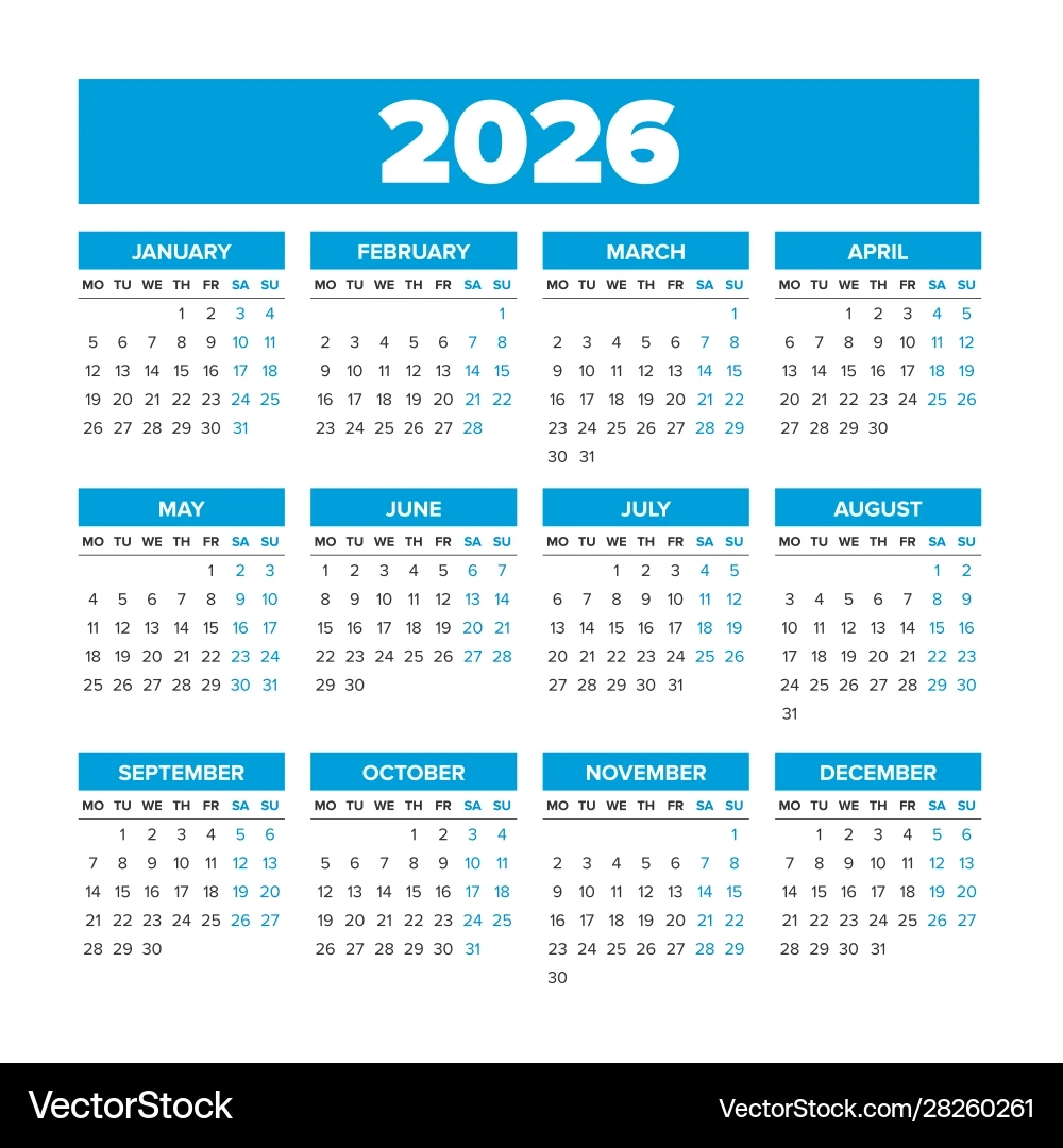Simple Calendar 2026 Weeks Start On Monday Vector Image