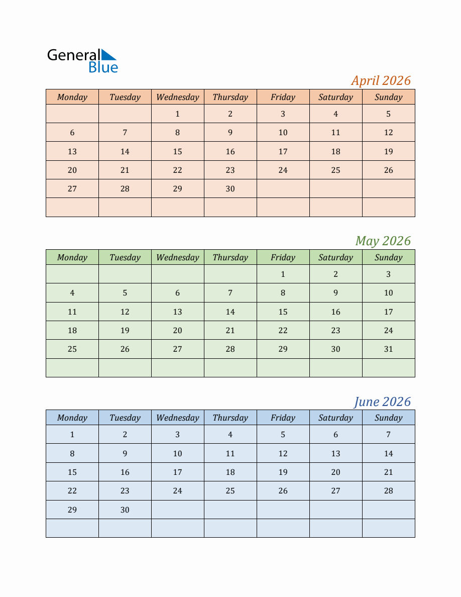 Three Month Calendar For Year 2026 April May And June Monday Start