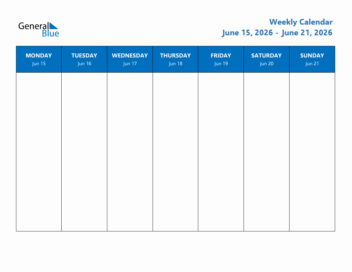 Weekly Calendar With Monday Start For Week 25 June 15 2026 To June 21 2026 In PDF Word And Excel Weekly Calendar With Monday Start For Week 25 June 15 2026 To June 21 2026 In PDF Word And Excel